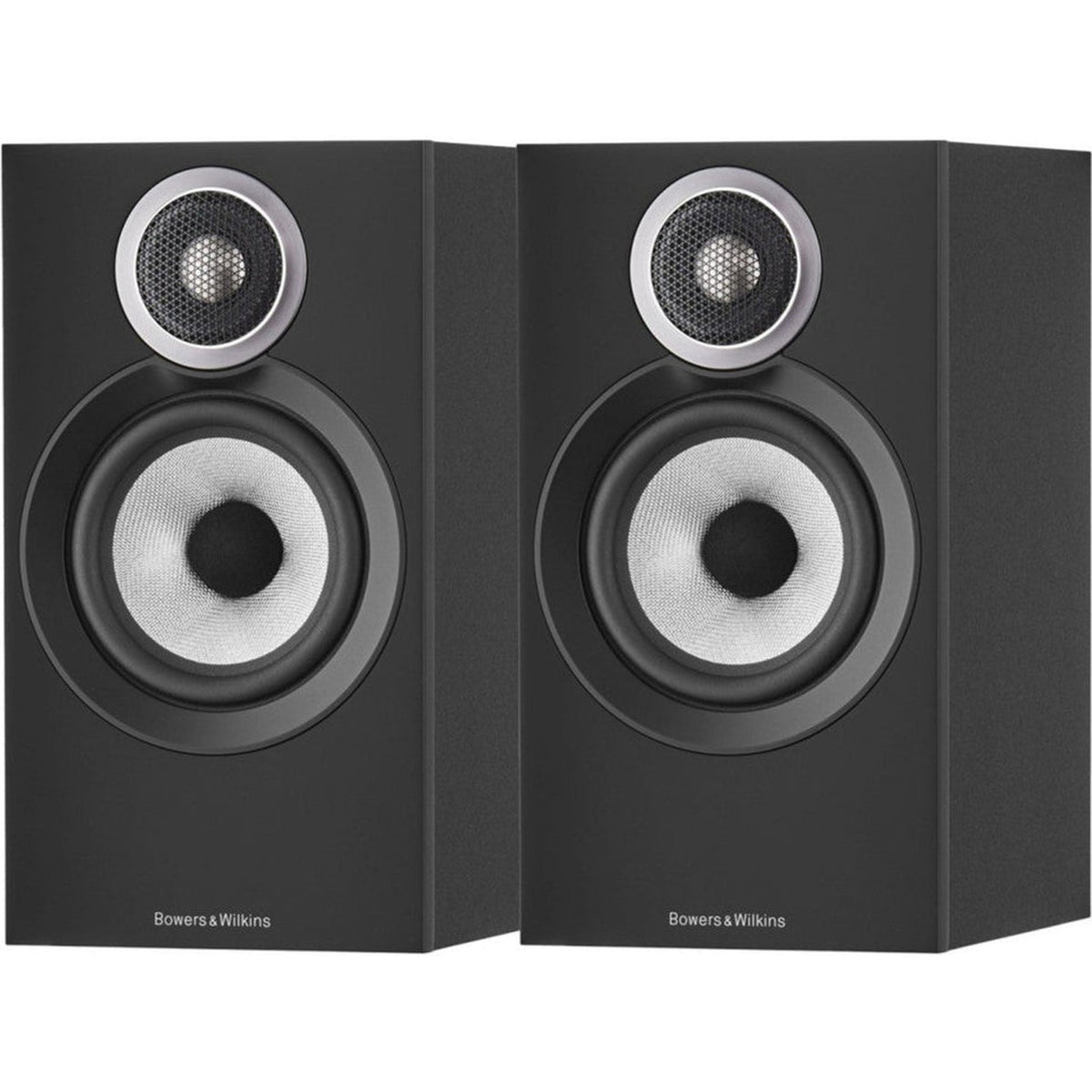 Bowers & Wilkins 607 S3 passive bookshelf speakers with black finish and sleek design, showing the front view with drivers.