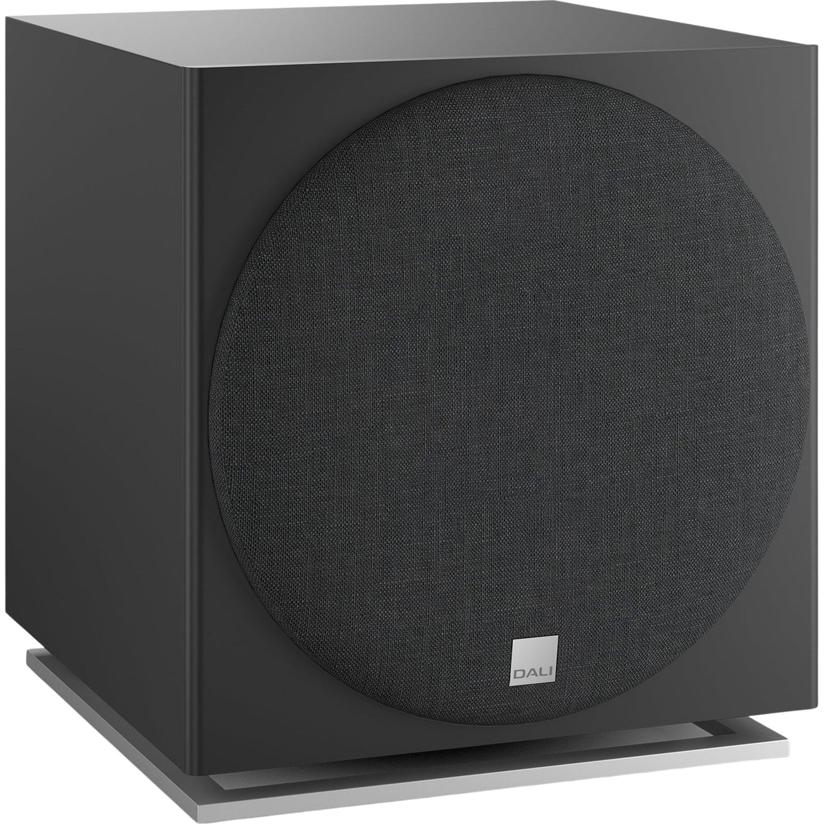 DALI Sub E-12 F subwoofer with sleek black enclosure and driver, designed for deep bass in home audio systems.