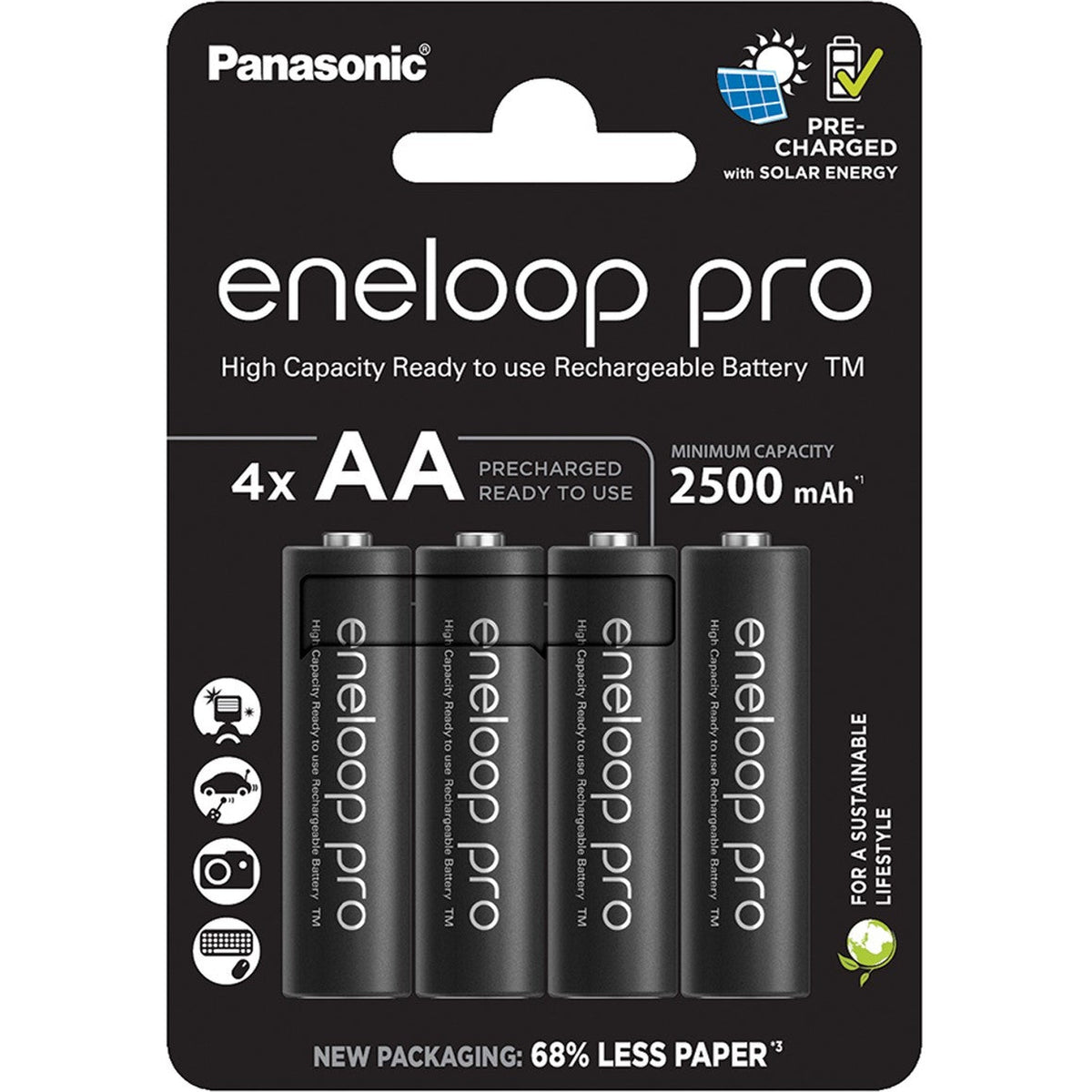 Four Panasonic Eneloop Pro AA batteries with 2500mAh capacity, shown arranged together in a close-up image.