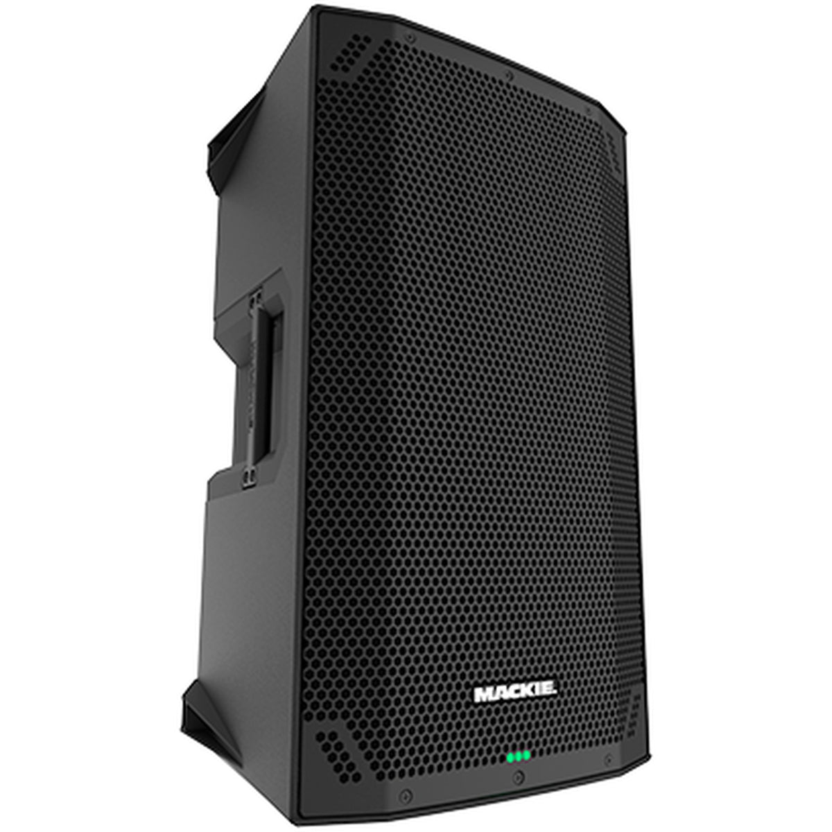 Mackie Thump15v4 active loudspeaker showing a black speaker with control panel and handle, designed for live sound reinforcement.