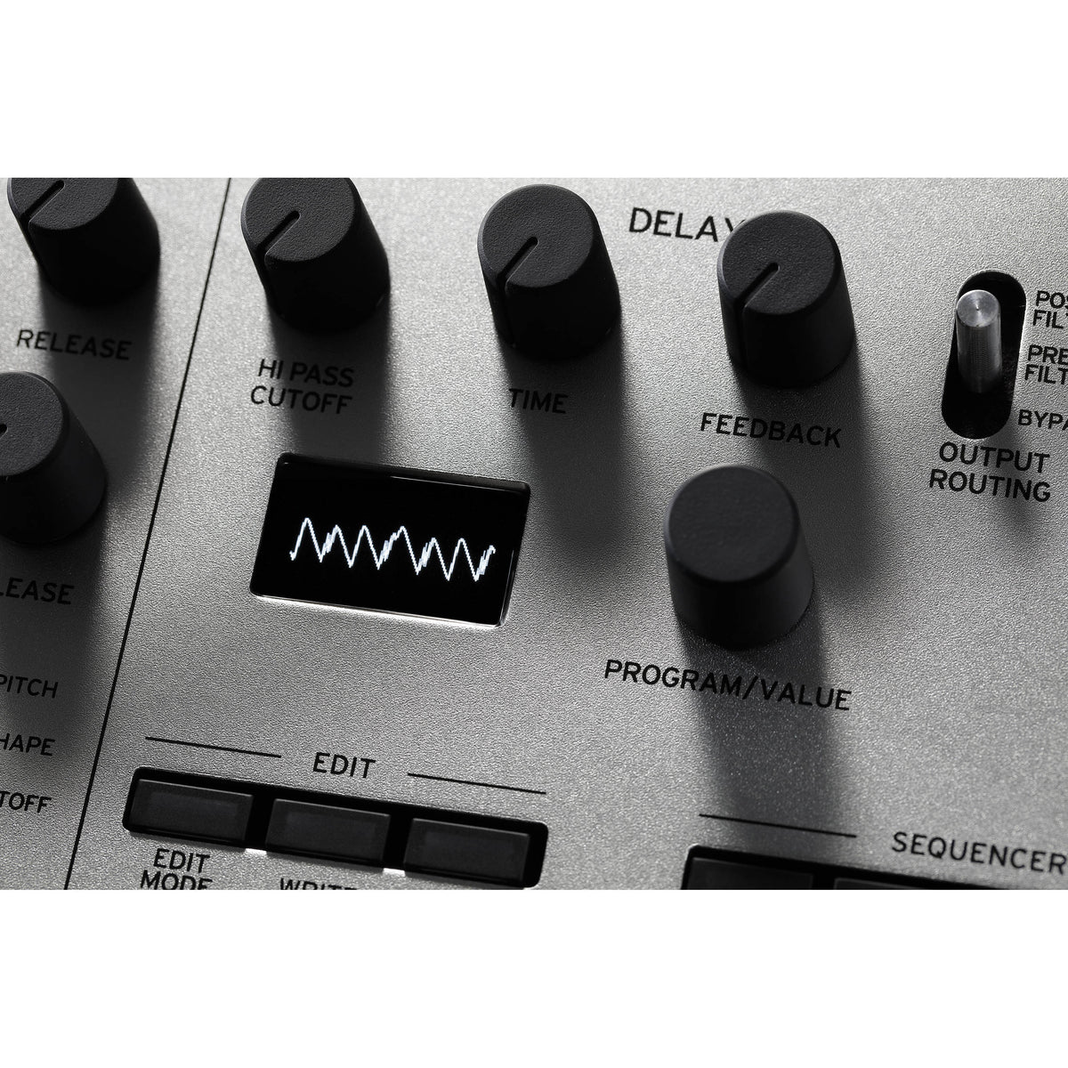 Korg Minilogue synthesizer with control knobs and keyboard, showing its compact design and front panel features.