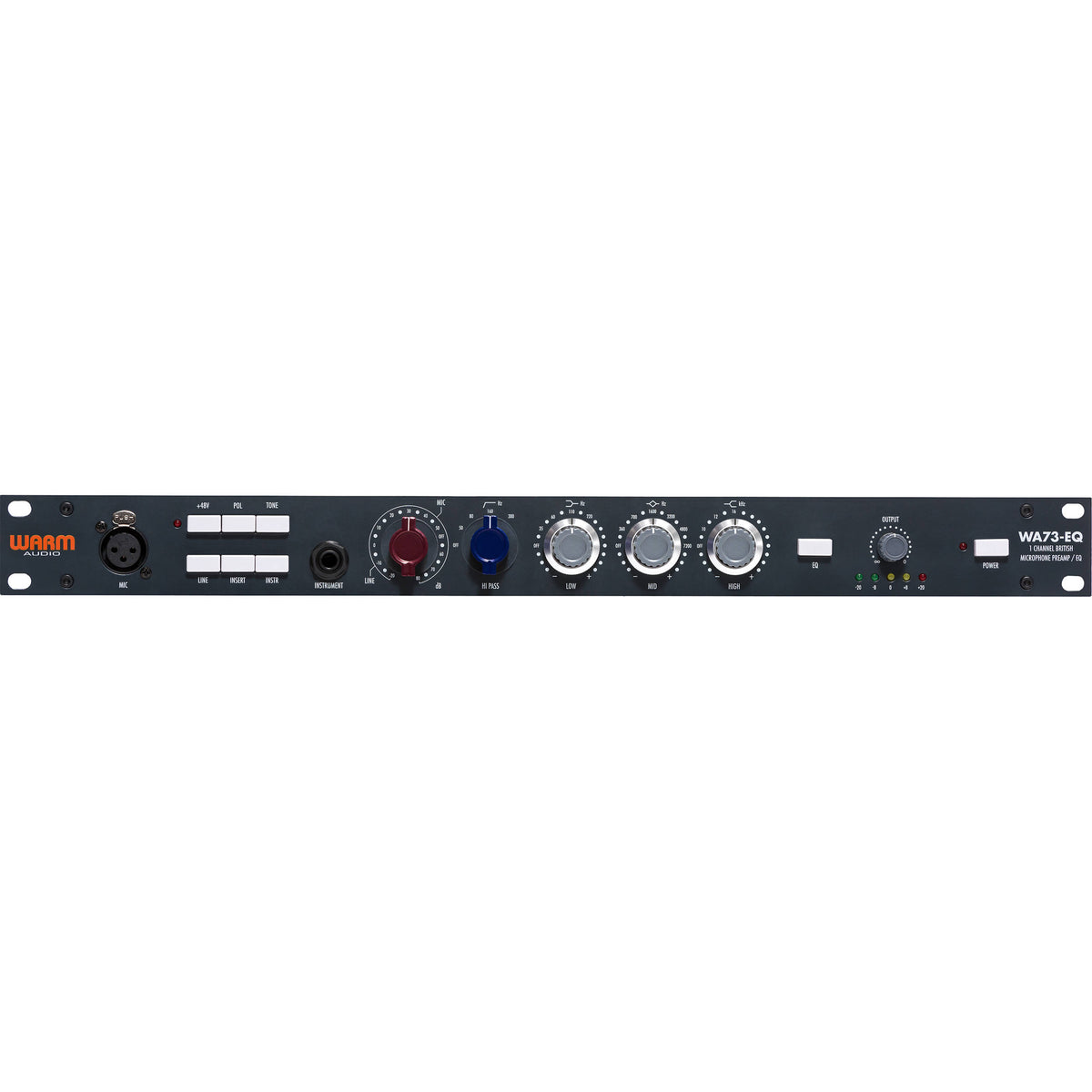 Warm Audio WA73-EQ microphone preamp with vintage-style controls and input/output jacks, mounted on a rack panel.