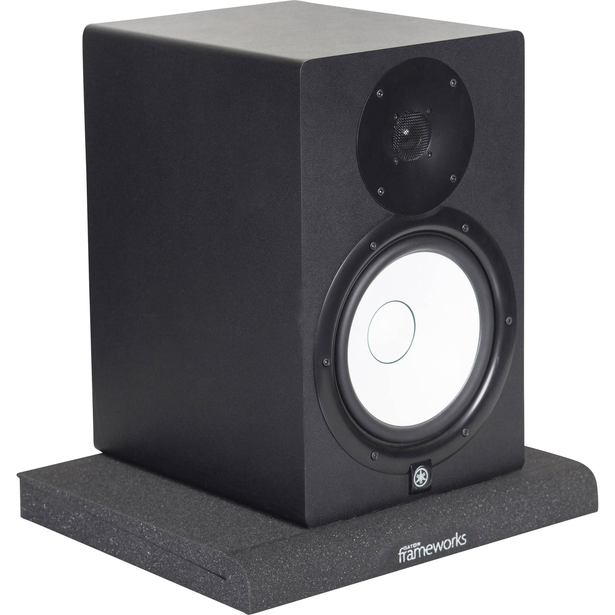 Gator Studio Monitor Isolation Pads on studio monitor stands, providing vibration reduction and improved sound clarity.