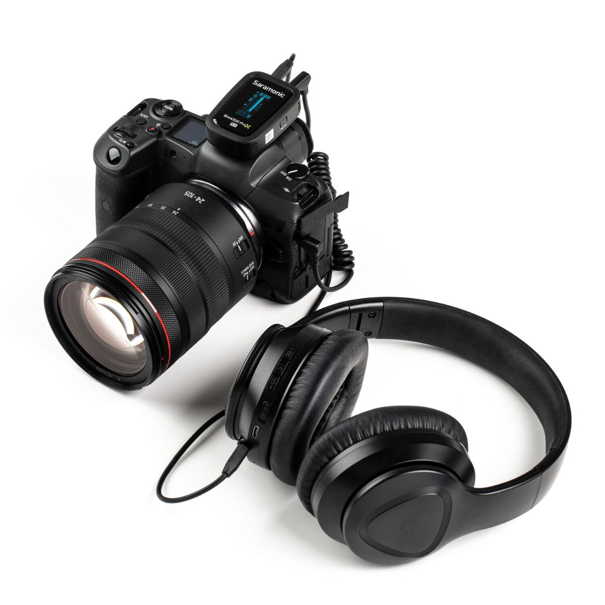 Saramonic Blink500 ProX B1 creator wireless microphone system with transmitter and receiver units on a plain background