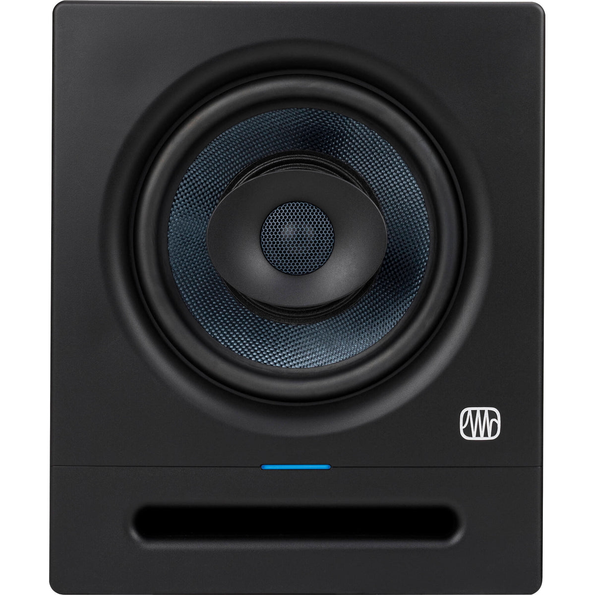 Presonus Eris Pro 8 active nearfield monitors shown on a desk with audio cables and control knobs.