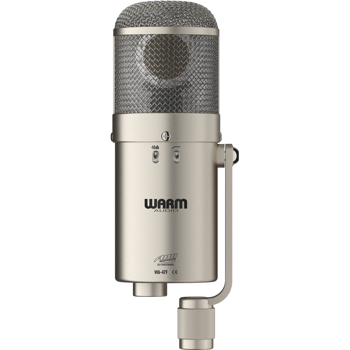 Warm Audio WA-47F condenser microphone shown from the front with a metallic finish and grille, designed for studio recording.