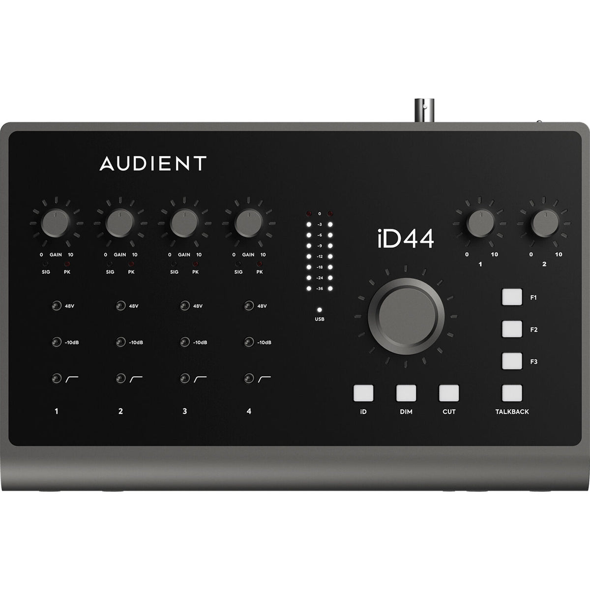 Audient iD44 MK2 audio interface with multiple input/output ports and sleek black design for professional recording setups.