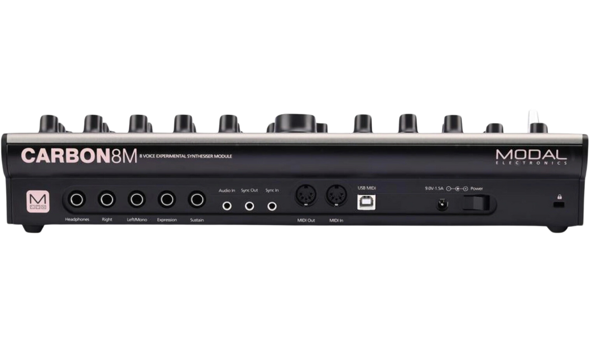 Modal Electronics Carbon8M desktop synthesizer with control knobs, buttons, and a digital display on a sleek black panel.