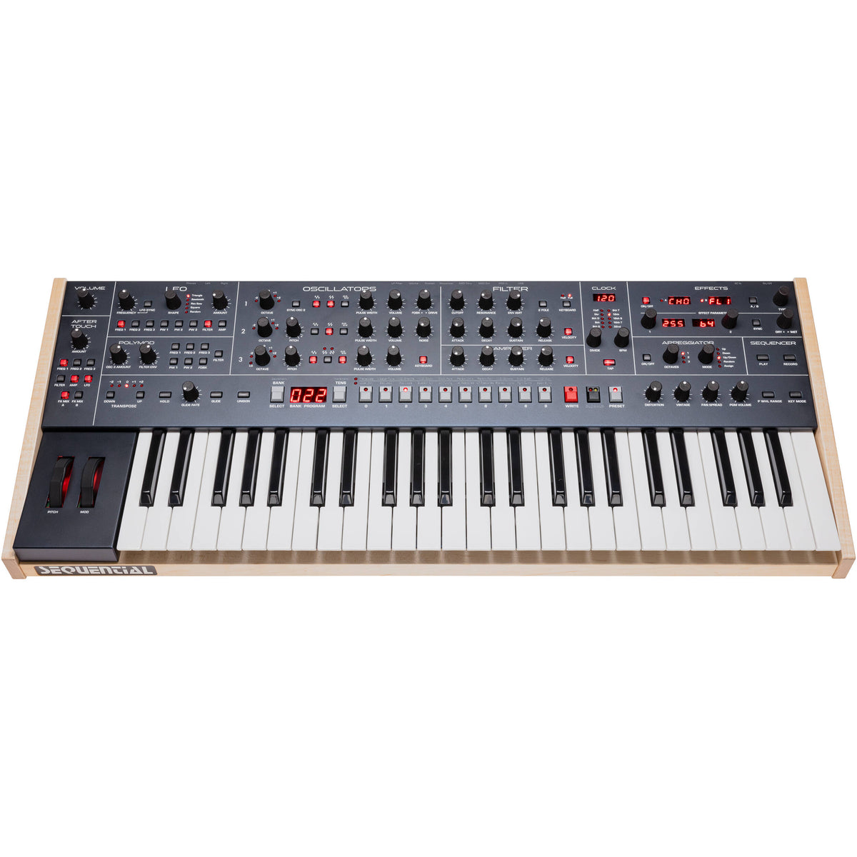 Sequential Trigon-6 synthesizer with keyboard and control panel, showcasing its compact design and interface.