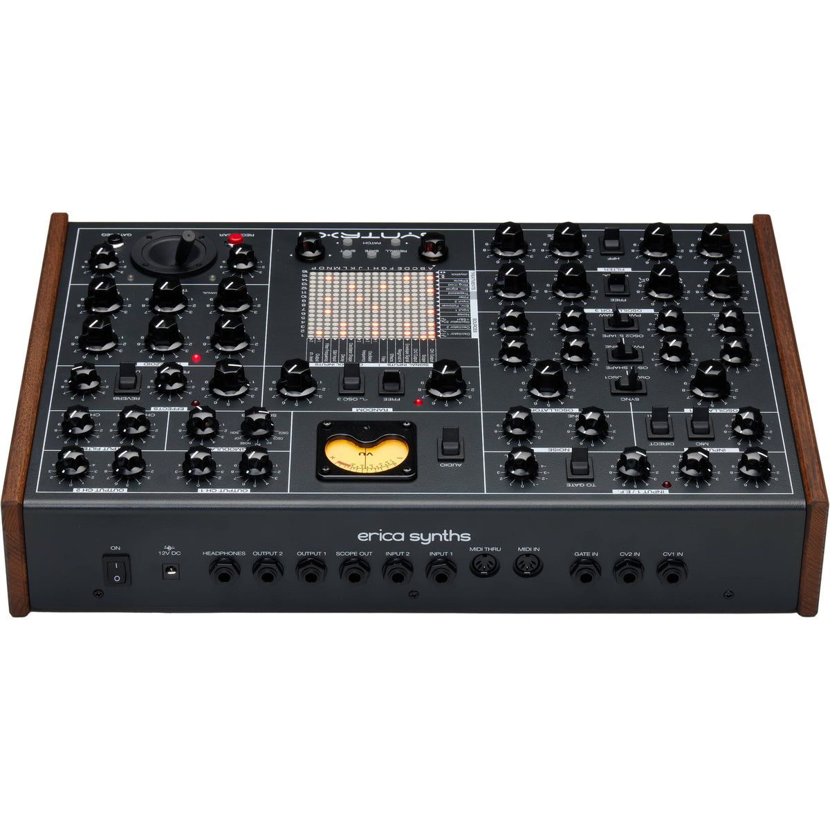 Erica Synths SYNTRX II desktop synthesizer with knobs, buttons, and patch points on a black module with colorful accents.
