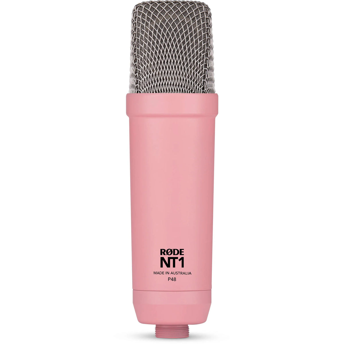 Rode NT1 Signature Series condenser microphone with black body and silver grille, positioned on a stand for vocal recording.