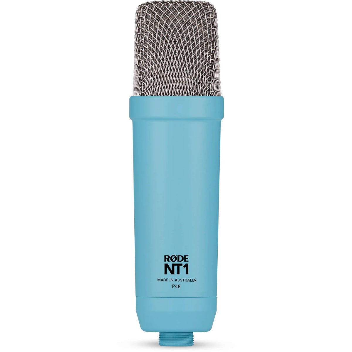 Rode NT1 Signature Series condenser microphone with sleek black body and metal grille for studio recording and vocals