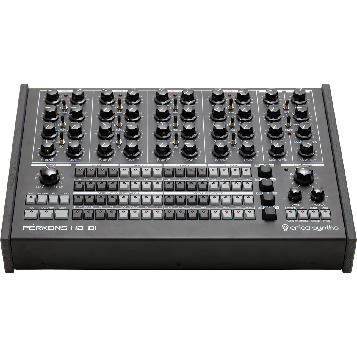 Erica Synths Perkons HD-01 drum machine and sampler with knobs and buttons, black and silver front panel, compact electronic music gear.