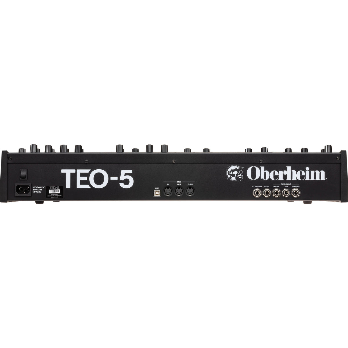 Oberheim TEO-5 synthesizer with multiple control knobs and vintage design, showcasing its keyboard and interface.