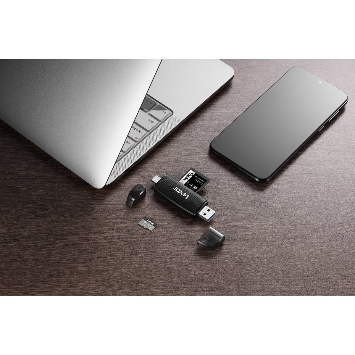 Lexar Dual-Slot USB-A/C Card Reader LRW310X displaying two memory cards inserted for data transfer.