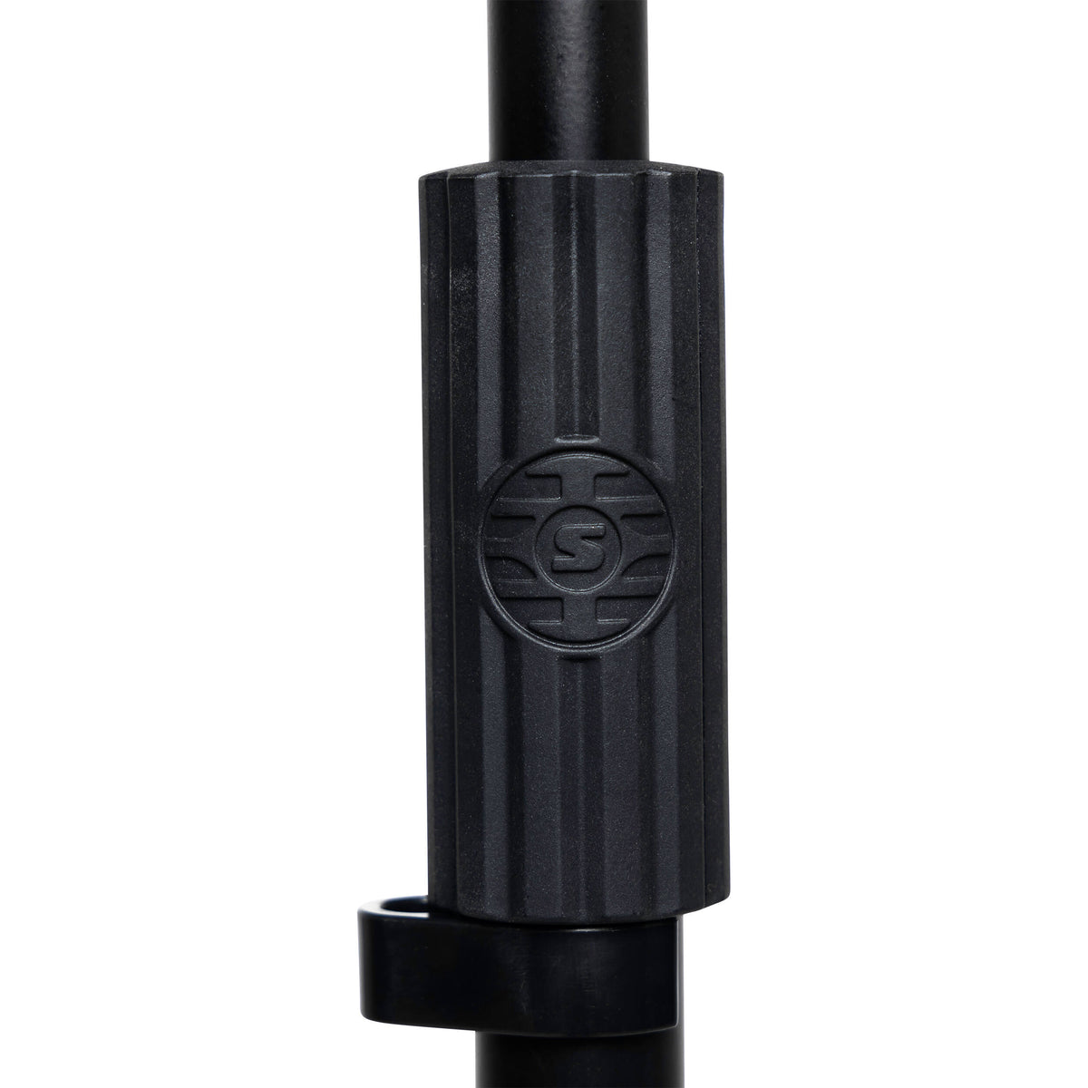 Shure floor microphone stand with adjustable height and sturdy base, designed for professional audio recording and live performances.