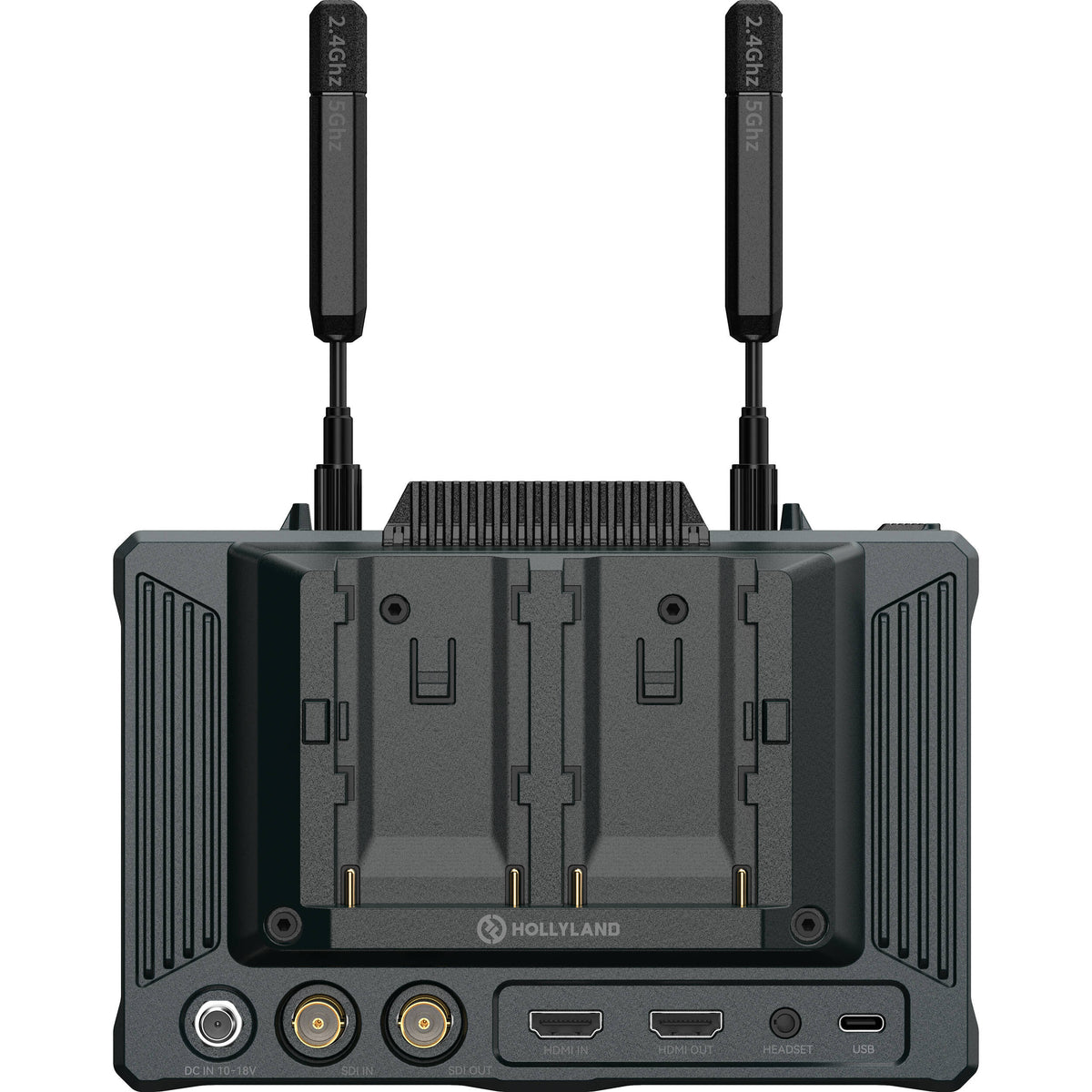 Hollyland Pyro 7 video monitor set showing dual monitors with control interfaces and connection ports for professional video production