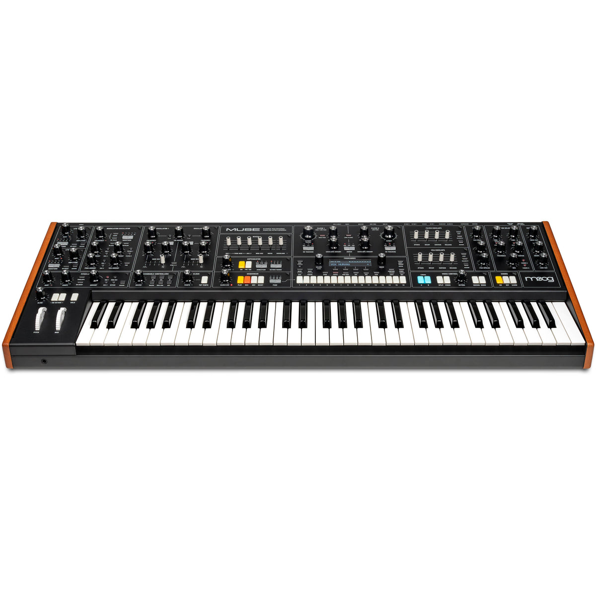 Moog Muse synthesizer with keyboard and control knobs, showcasing its vintage-inspired design and front panel features.