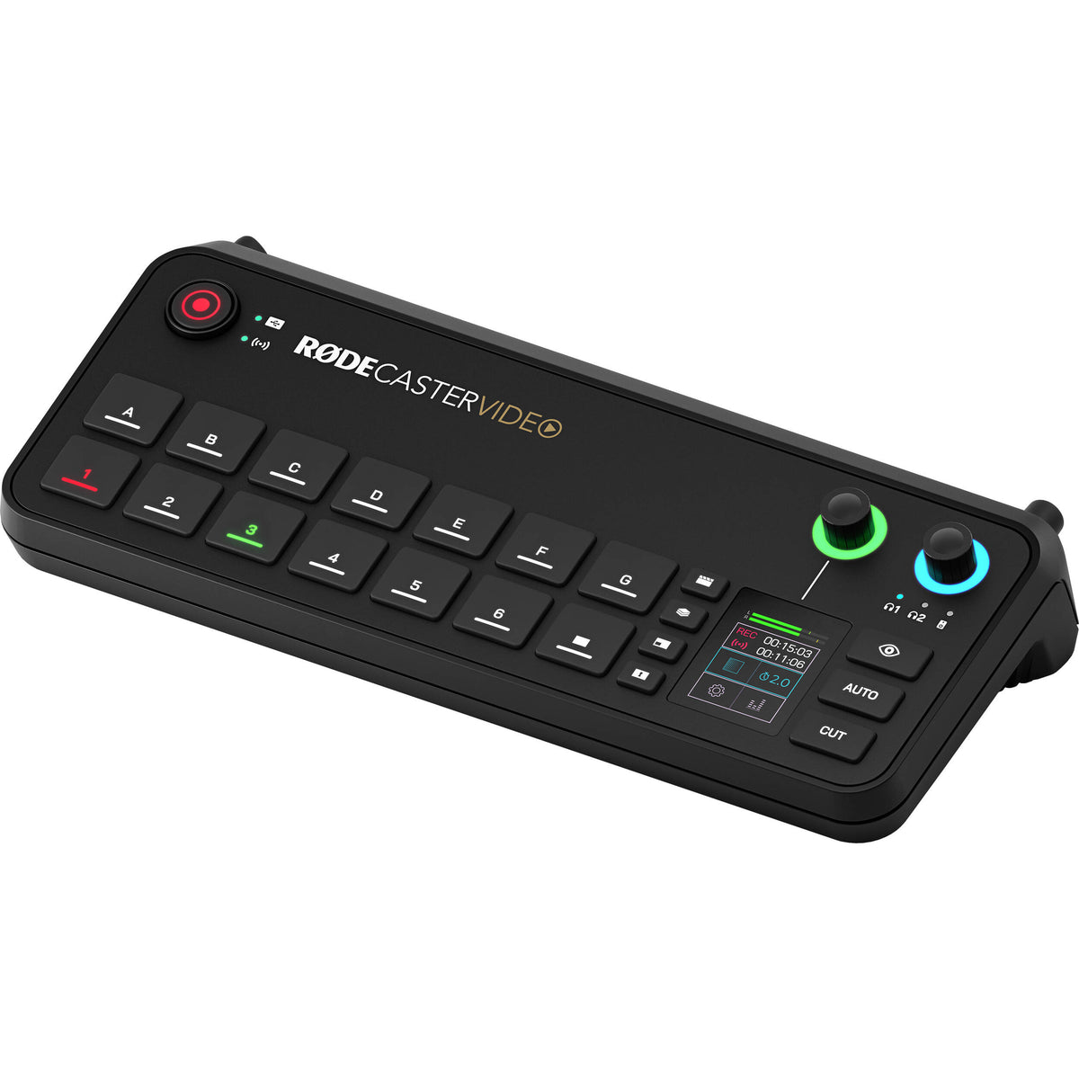 Rode RodeCaster Video editing controller with multiple knobs and buttons for professional video and audio editing setup.