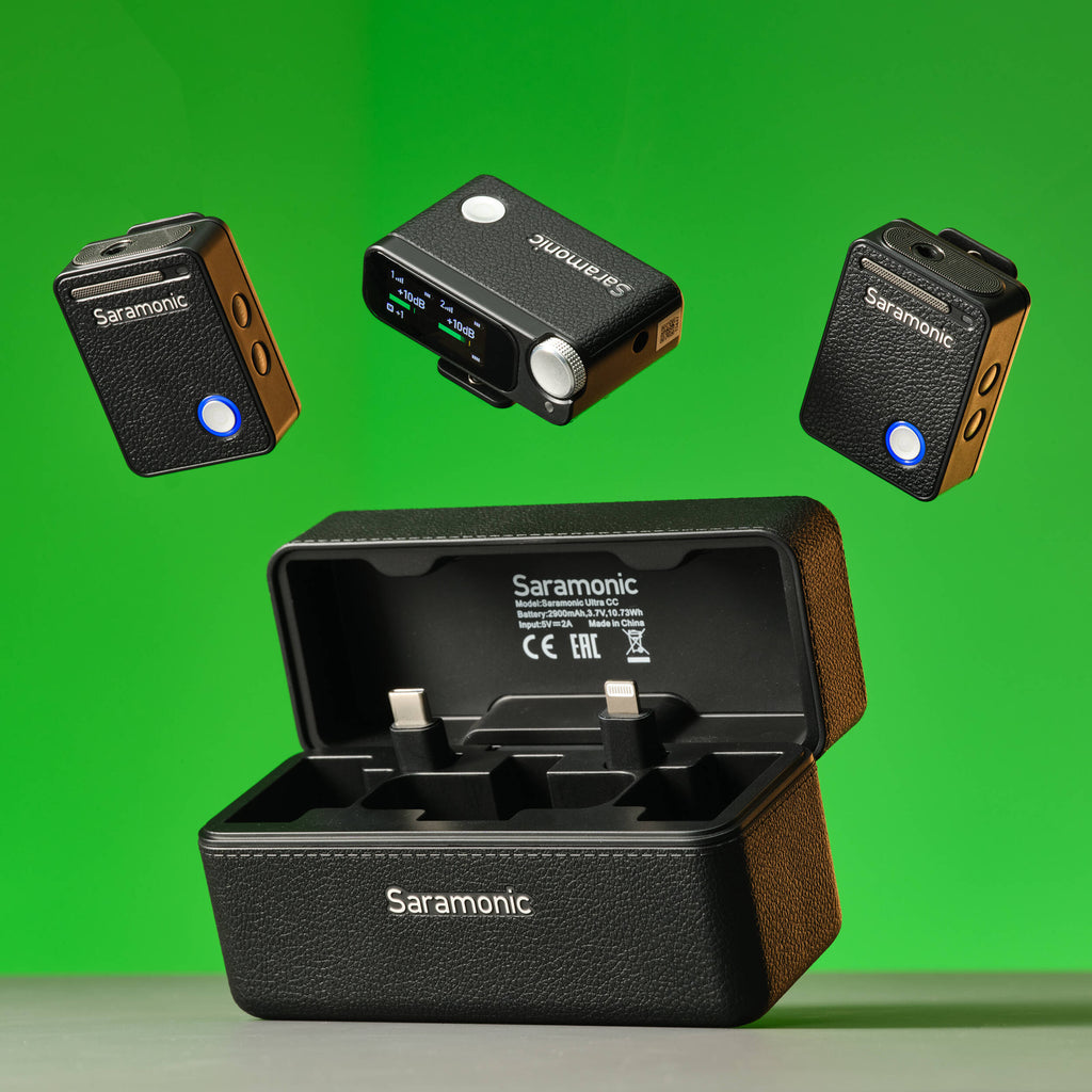 Saramonic Ultra wireless microphone system with Lavalier mics, compact creator audio setup for high-quality recording.