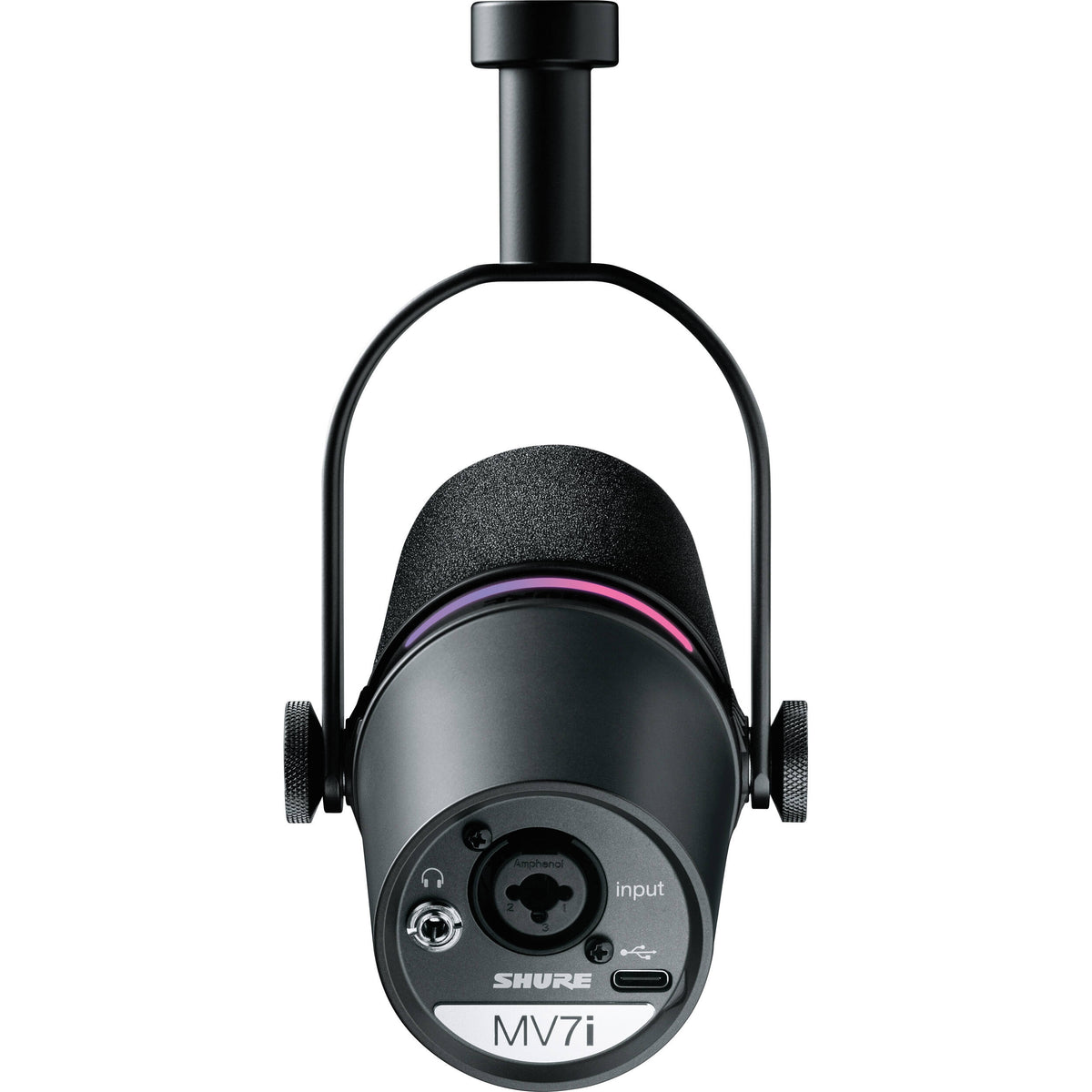 Shure MV7i USB microphone with adjustable stand and black finish, designed for professional podcasting and recording.