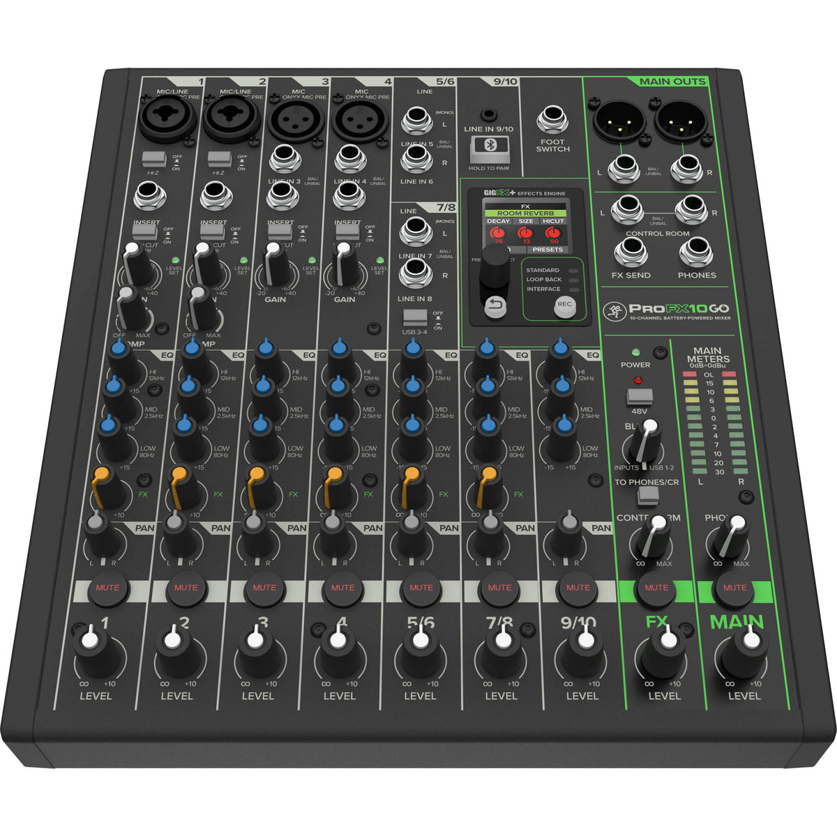 Mackie ProFX10 GO analog mixer with multiple input channels, knobs, and sliders for professional audio mixing.