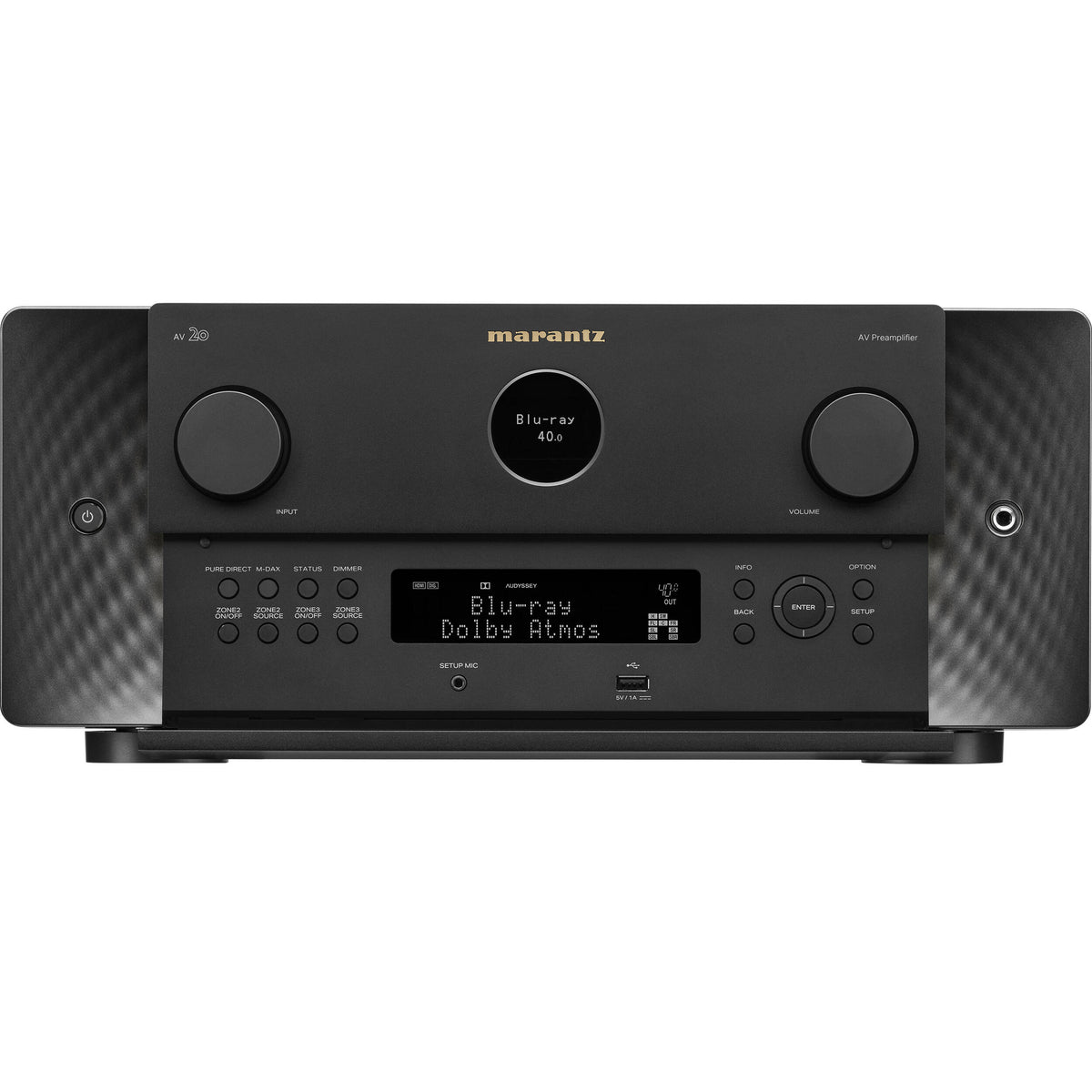 Marantz AV 20 stereo amplifier with sleek black design and control knobs, showcasing high-quality audio equipment.