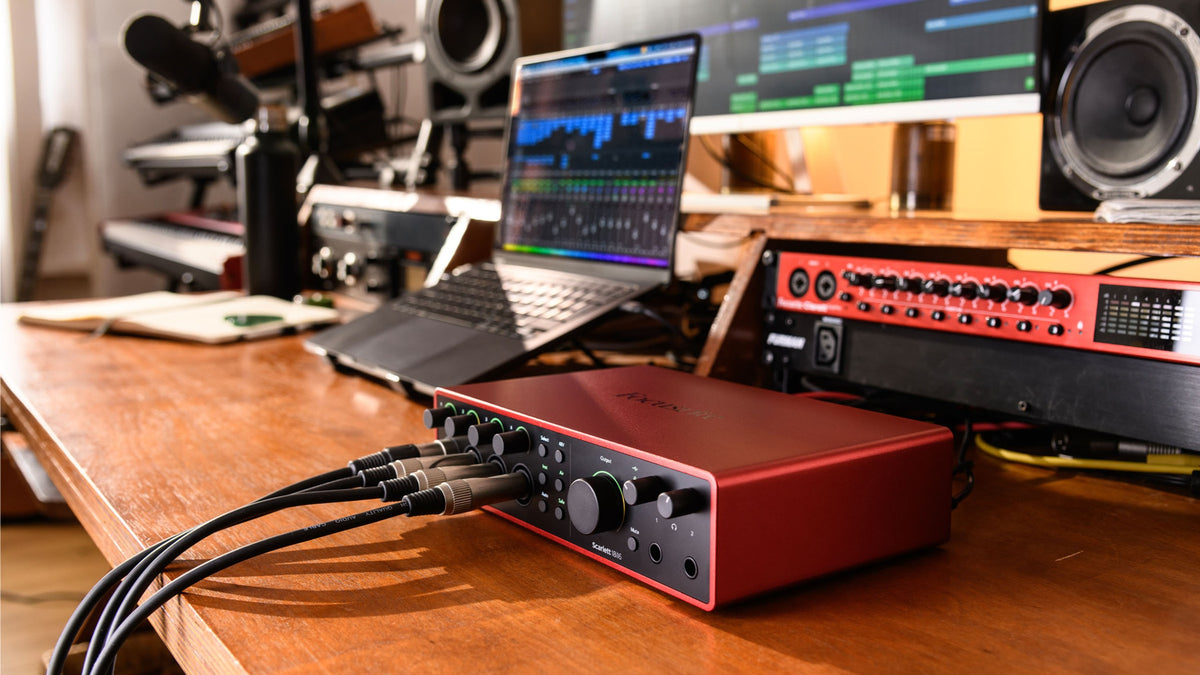 Focusrite Scarlett 18i16 4th Gen audio interface with multiple input and output ports, professional-grade recording equipment.