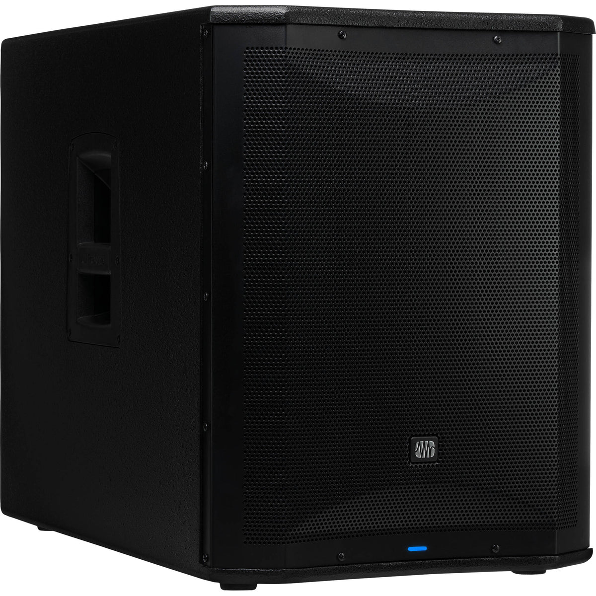 Presonus Air XD Sub 15 active subwoofer with a black enclosure and control knobs on the back for bass enhancement.