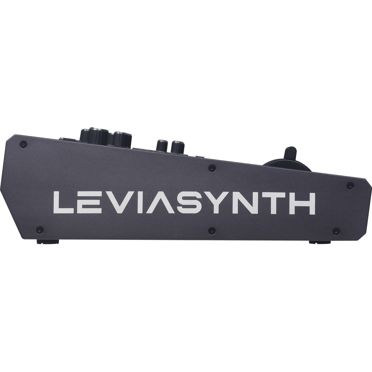 ASM Leviasynth keyboard synthesizer with black and gray keys, featuring control knobs and a sleek design.
