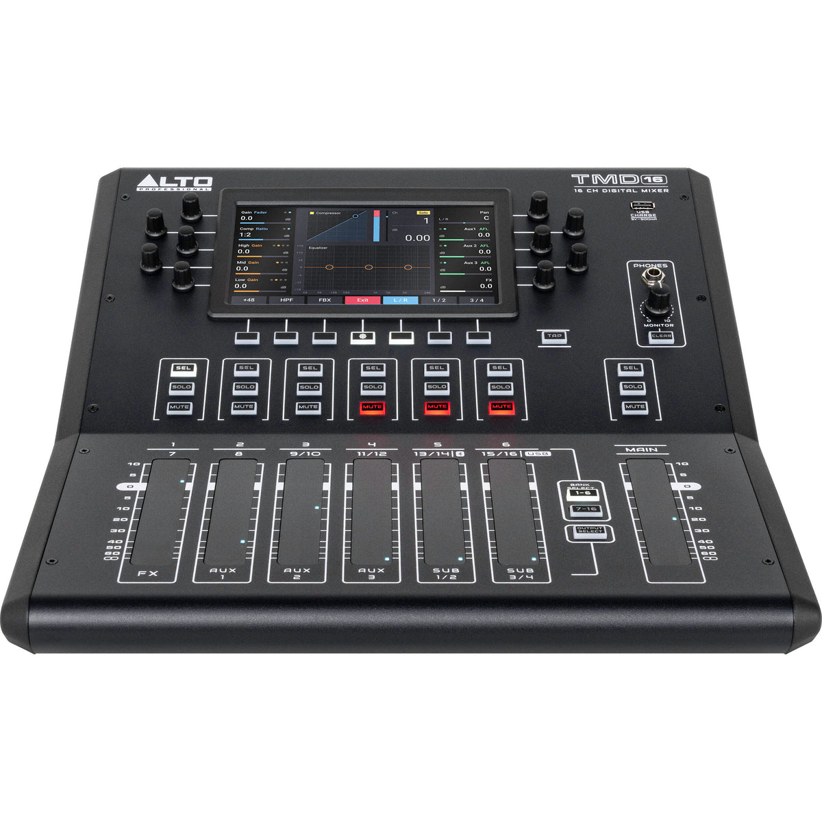 Alto Professional TMD16 digital mixer with multiple control knobs and input channels for live sound and audio mixing.