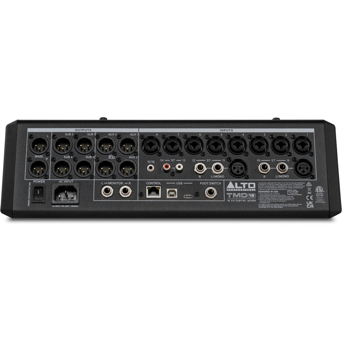 Alto Professional TMD16 digital mixer with multiple control knobs and input channels, professional audio equipment for live sound.