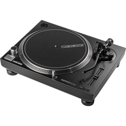 Reloop RP-5000 MK4 DJ turntable with black platter and tonearm, showcasing professional audio equipment for DJing and mixing.