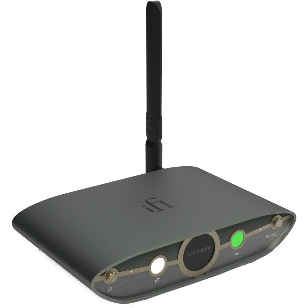 iFi Audio ZEN Stream 3 music streamer shown in sleek black with display screen and control buttons on top.