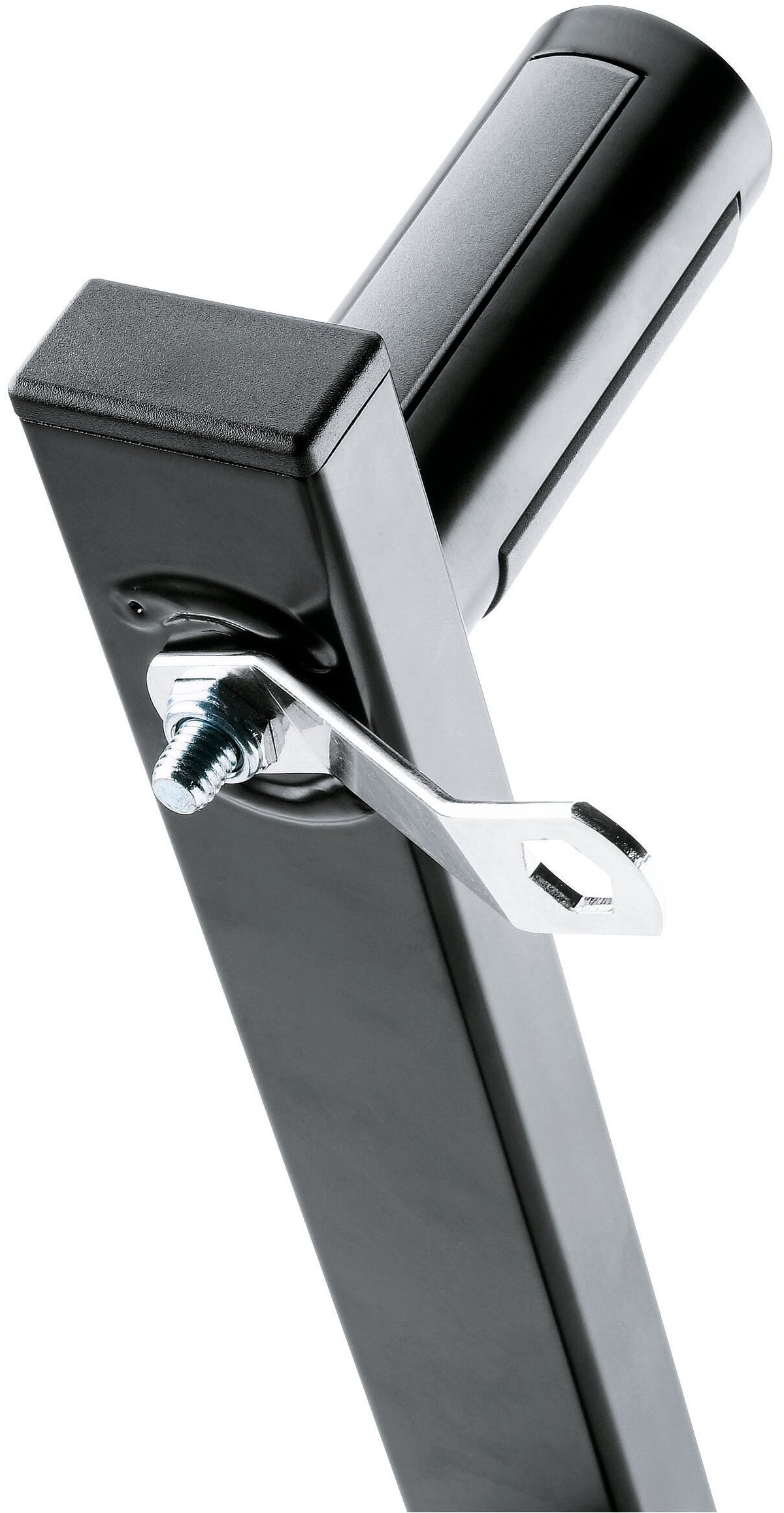 K&M 24110 speaker stands with adjustable height and black finish, designed to support professional audio speakers.