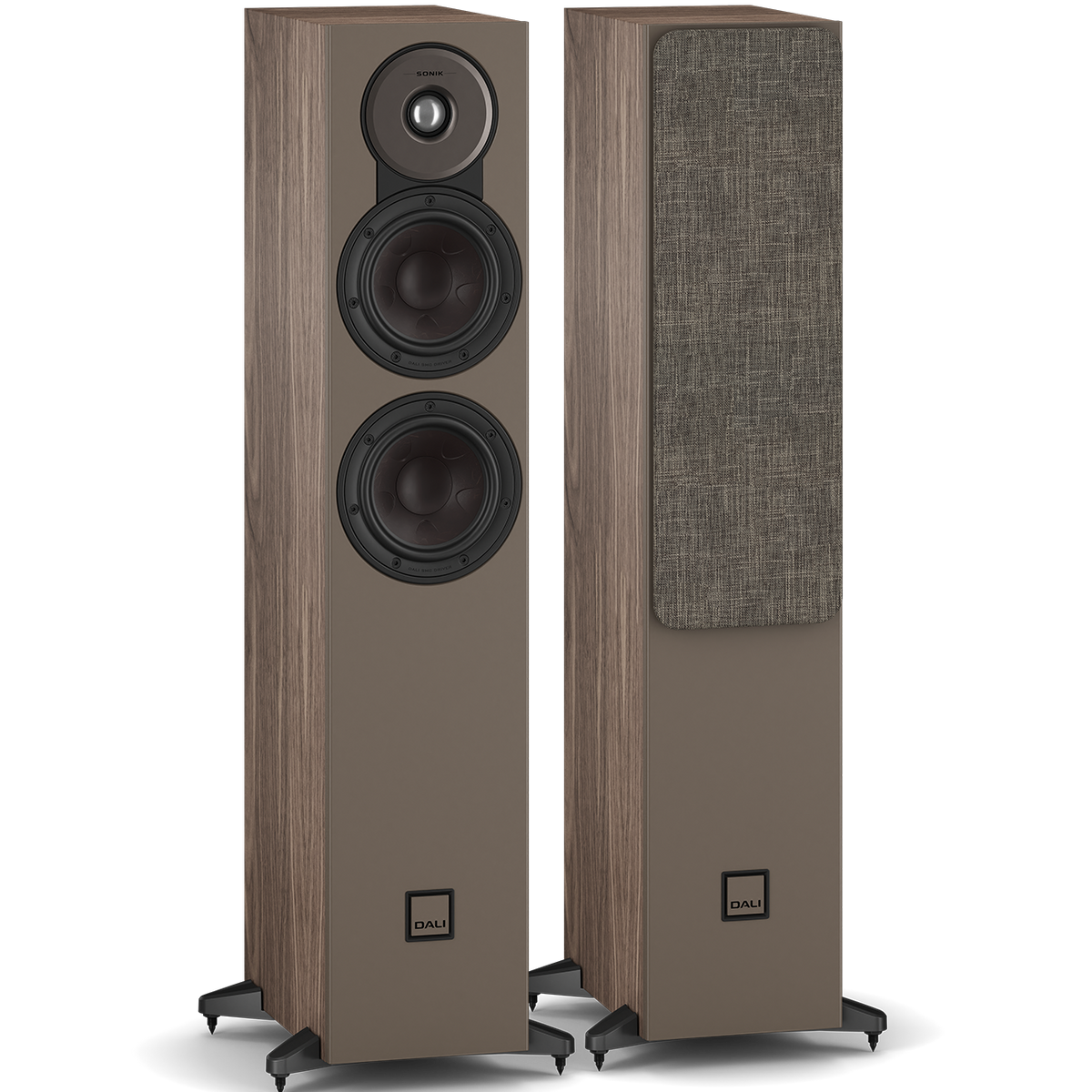 DALI Sonik 5 passive floorstanding speakers with sleek black cabinets and multiple drivers for rich audio performance