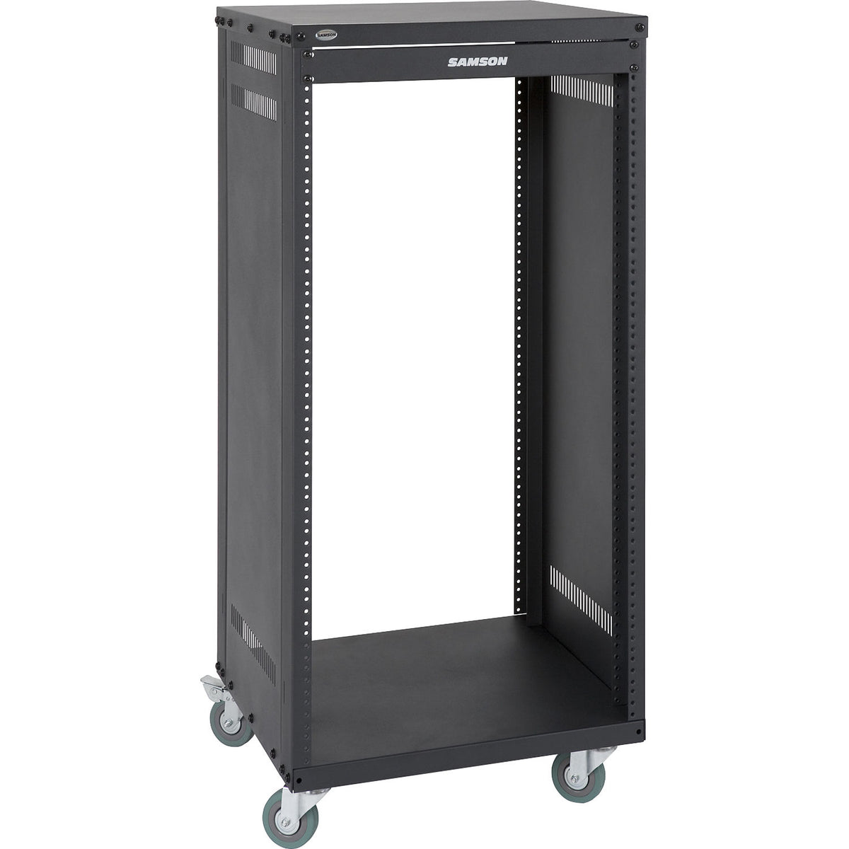 Samson SRK21 Metal Rack 21U in black, sturdy rackmount case with handles, designed for professional audio and equipment storage.