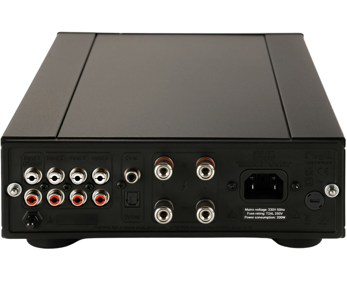 Rega Brio MK7 phono preamp with sleek black design and input/output connections for high-quality vinyl sound.