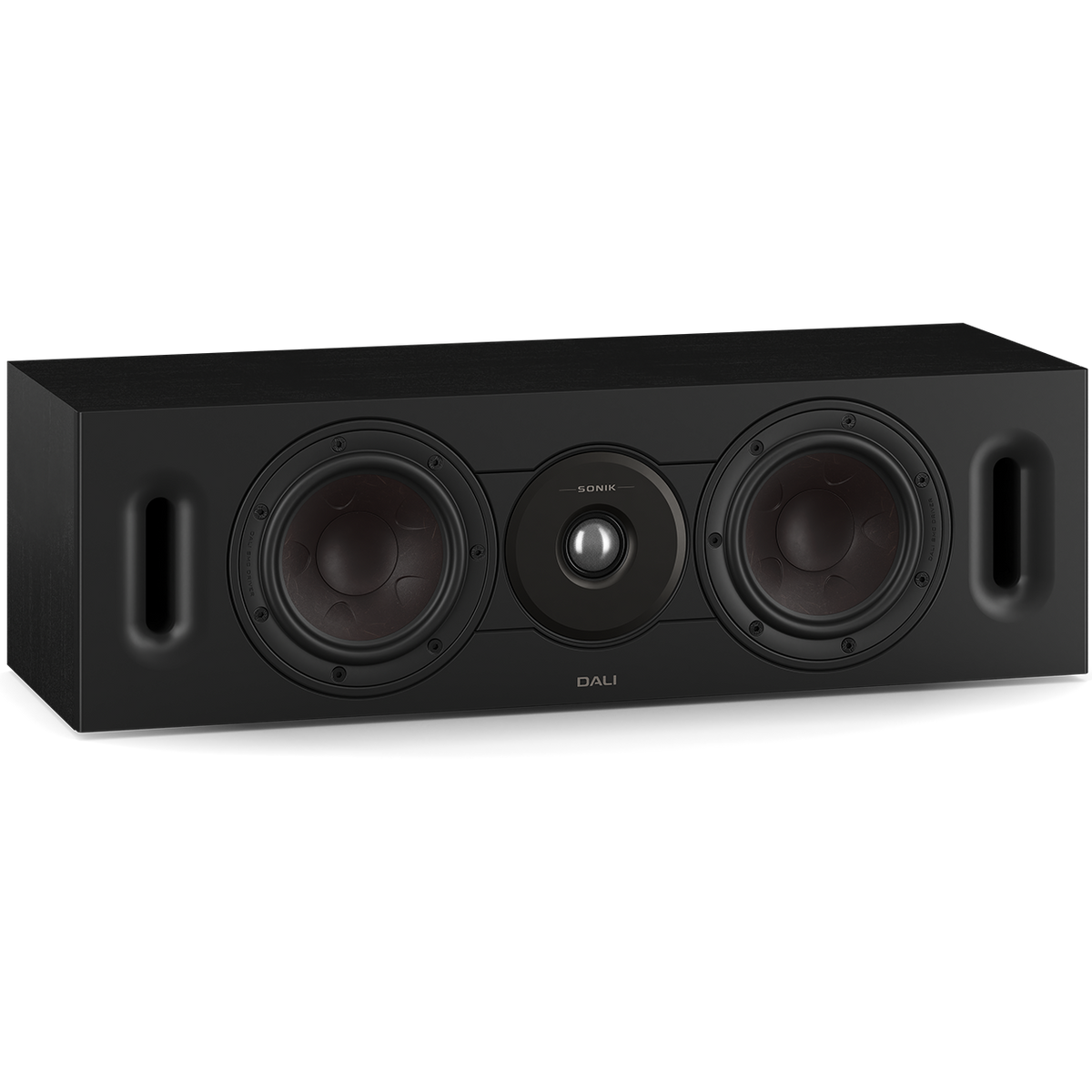 DALI Sonik Cinema center speaker with sleek black design, featuring multiple speaker drivers for home theater sound.
