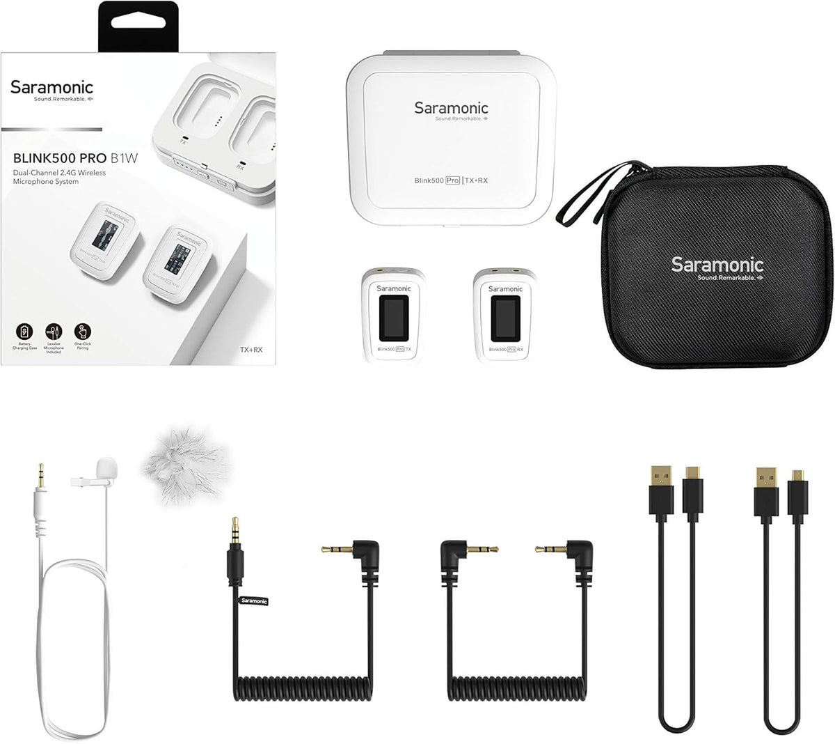 Saramonic Blink 500 Pro B1 wireless microphone system for creators, with transmitter and receiver in a compact setup.