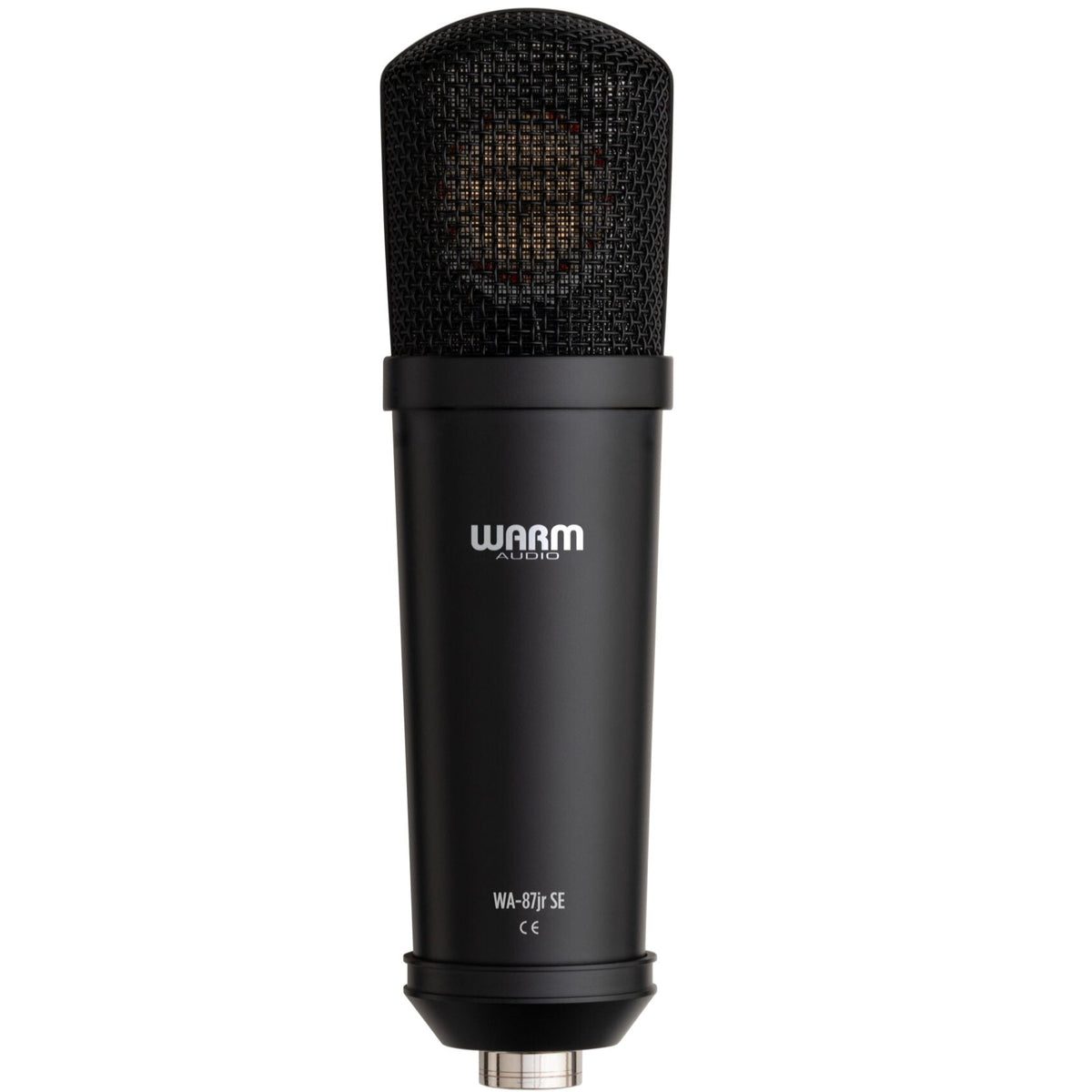 Warm Audio WA-87jr SE condenser microphone in black, shown from the back, highlighting its compact design and build quality.