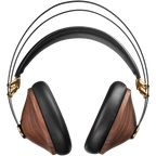 Close-up of Meze Audio 99 Classics 2nd Gen wired headphones with wooden ear cups and black headband, showing detailed craftsmanship.