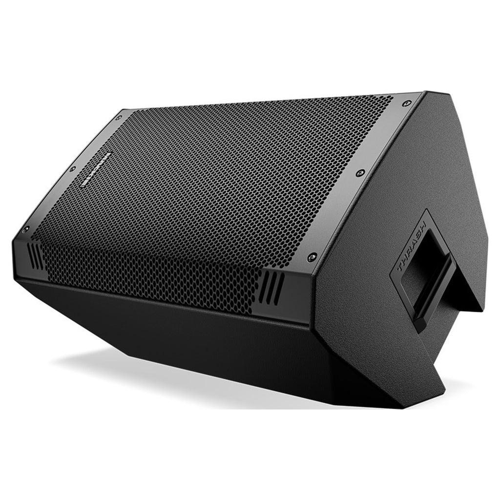 Mackie Thrash15v2 lying on its side in wedge position for use as a stage monitor