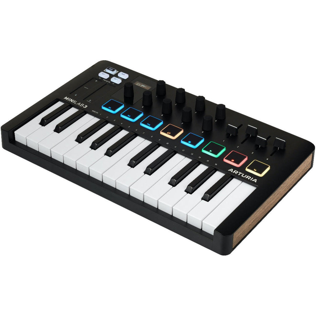Arturia MiniLab 3 (Black, B-Stock) angled view with backlit pads