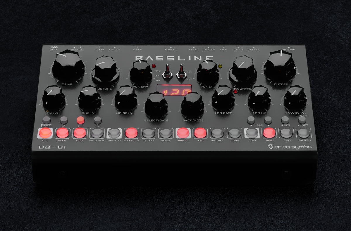 Erica Synths Desktop Bassline DB-01 synthesizer with knobs and keyboard interface, compact desktop design for bassline sounds.