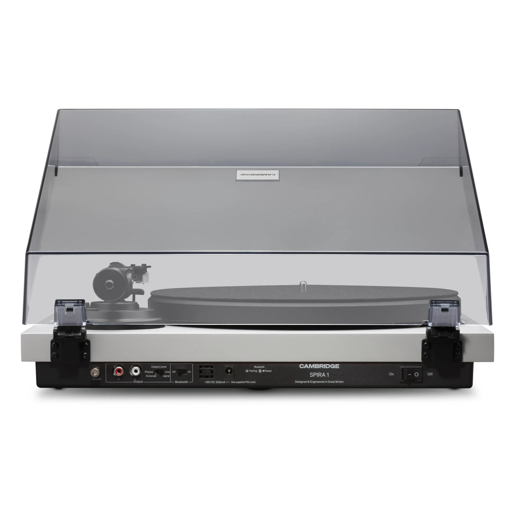 Cambridge Audio Spira turntable in White, rear panel with RCA output, phono switch and Bluetooth