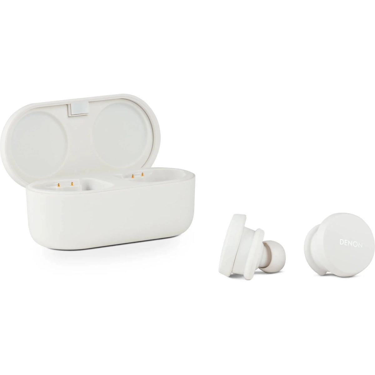 Denon PerL wireless in-ear headphones, white charging case open with earbuds