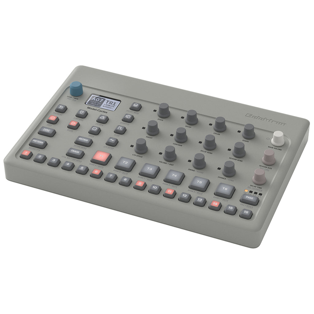 Elektron Model:Cycles drum machine and sampler with colorful pads and sleek black design, used for electronic music production.