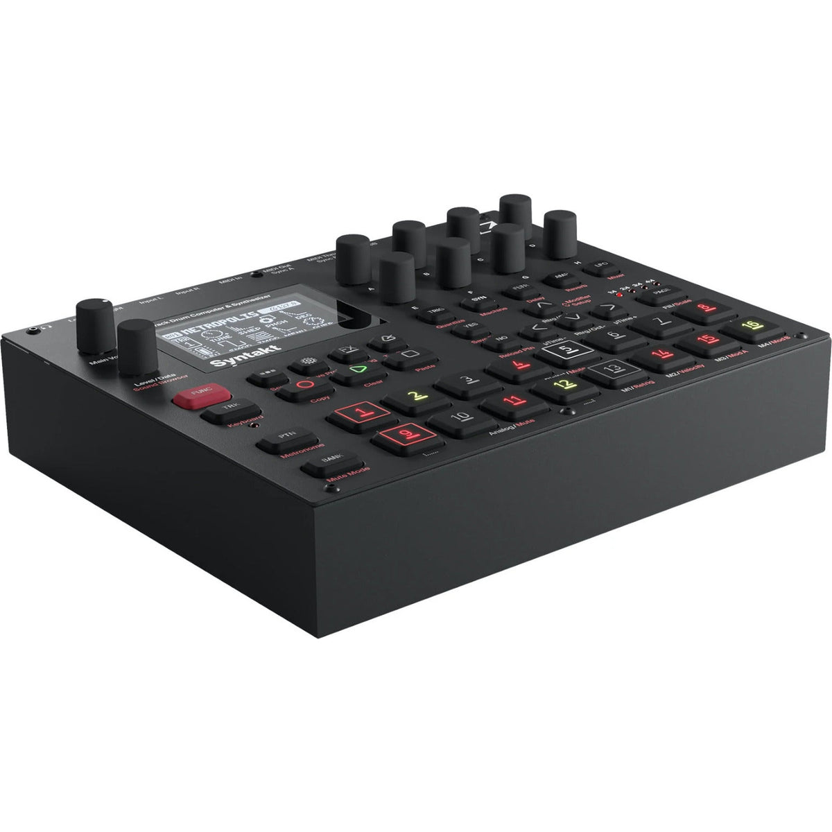 Elektron Syntakt drum machine and sampler with colorful interface and multiple knobs, showcasing its compact, professional music production design.