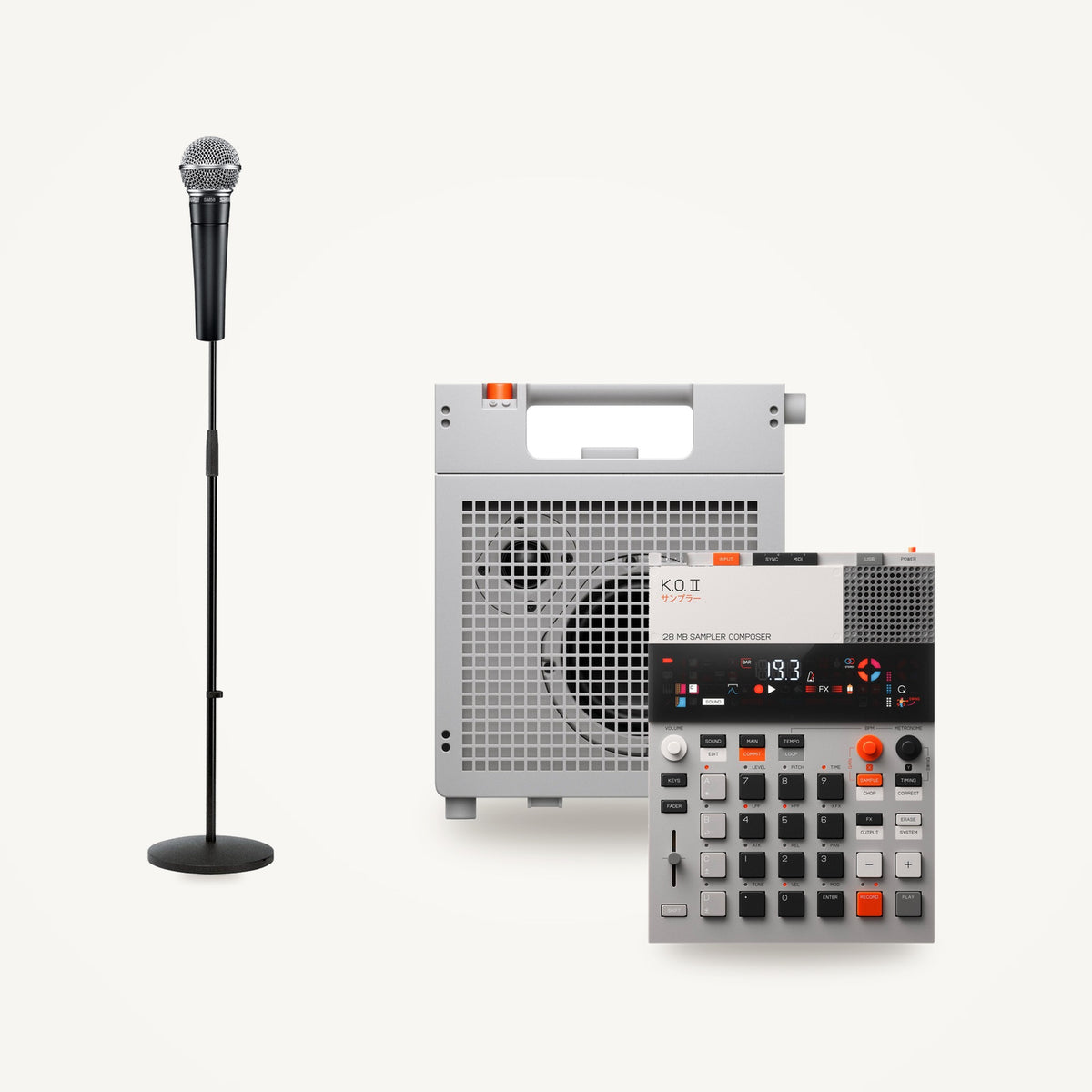 Teenage Engineering EP-35 K.O. AMP with an EP-133 K.O. II sampler and a Shure SM58 on a K&M 260/1 stand